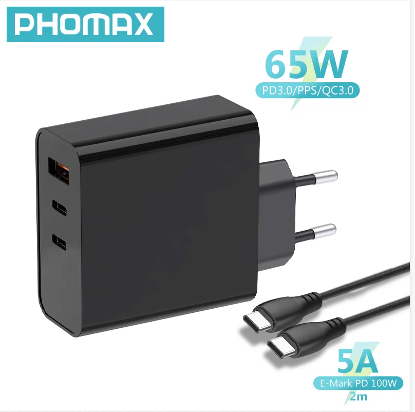 

PHOMAX 65W PD/QC USB Super Fast Charger 3-Port Power Adapter With 100W Cable 45W 30W for Macbook Pro13/15/16 iPhone 11 12 X XS