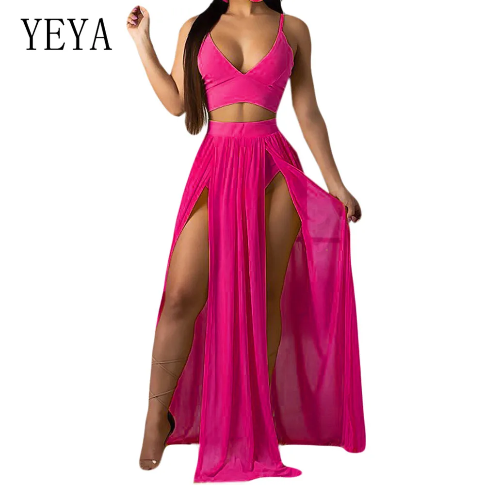Rose Red YEYA, сексуальное, с глубоким v-образным вырезом, без рукавов, два предмета в комплекте, шифоновое платье, элегантное, с вырезом, с высоким разрезом, макси платье, летнее, бохо, одежда для вечеринки - Цвет: Rose Red