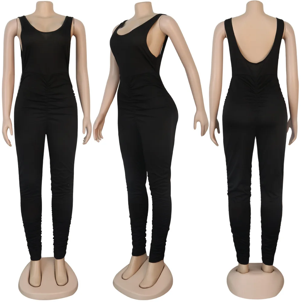 

Adogirl Fashion Women Solid Pleated Jumpsuit Romper Sleeveless Open Back V Neck Sport Bodysuit Female One Piece Ruched Playsuit