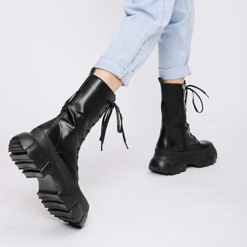 

RIZABINA New Arrivals Women Shoes Real Leather Mid Calf Boots Thick Bottom Platform Boot Cool Ladies Footwear Size 35-40