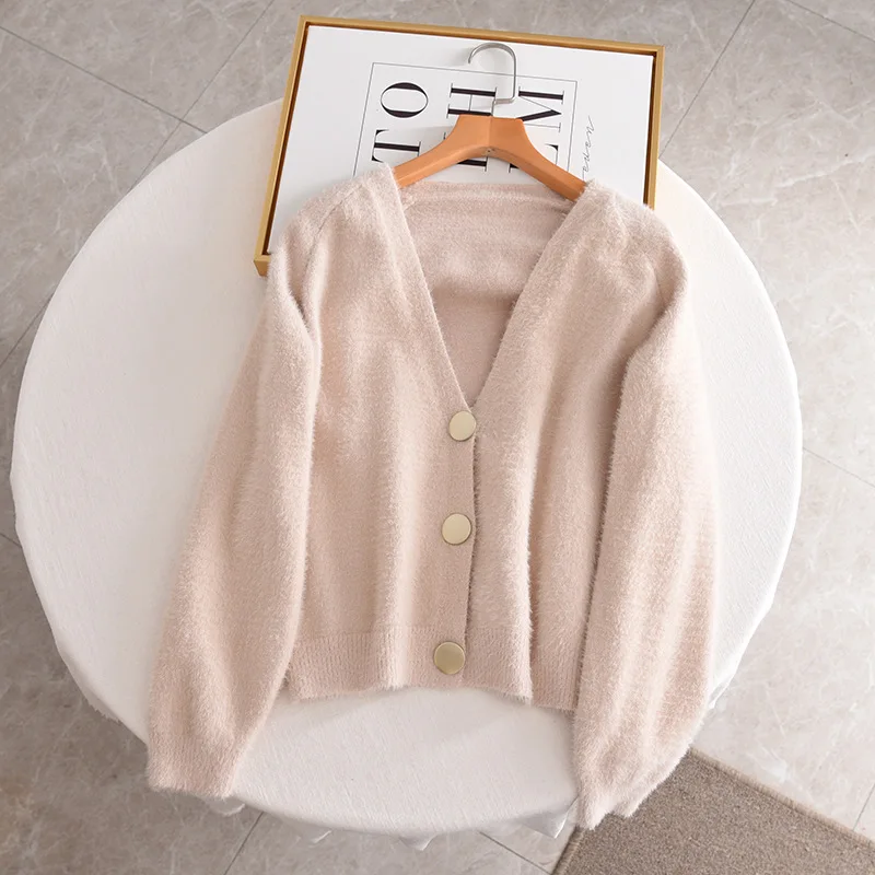 

Lazy Style White Soft Mohair Mink Fleece Cardigan Sweater Women Autumn Winter New Loose V-neck White Very Fairy Knitted Coat