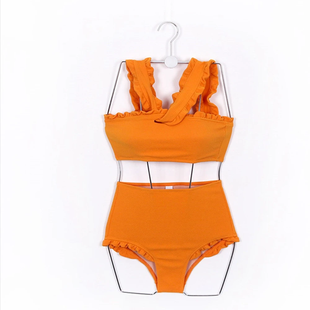 

New Korean high waist split swimsuit pure color breast wrapped broadband swimsuit manufacturer direct selling hot spring swimsui