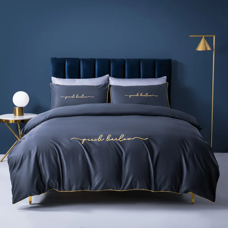 

Bedding Set Luxury Washed Imitation Silk Solid Grey Letter Embroidered Duvet Cover Flat Sheet Bedlinen Adult Man Home Textile