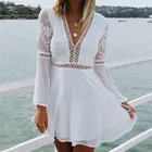 Белое тонкое Короткое мини-платье, летнее Модное Новое повседневное сексуальное кружевное платье с V-образным вырезом и длинным рукавом для женщин