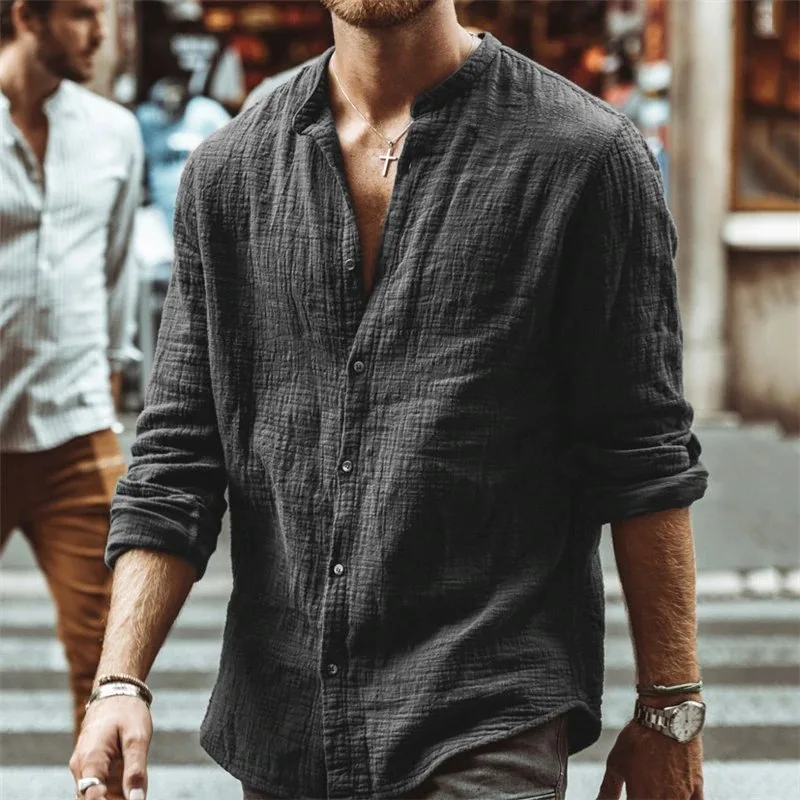 

Casual Stand Collar Long Sleeve Tops 2021 Autumn Men Cotton Linen Solid Shirt Fashion Loose Linen Shirts Men Clothing Streetwear