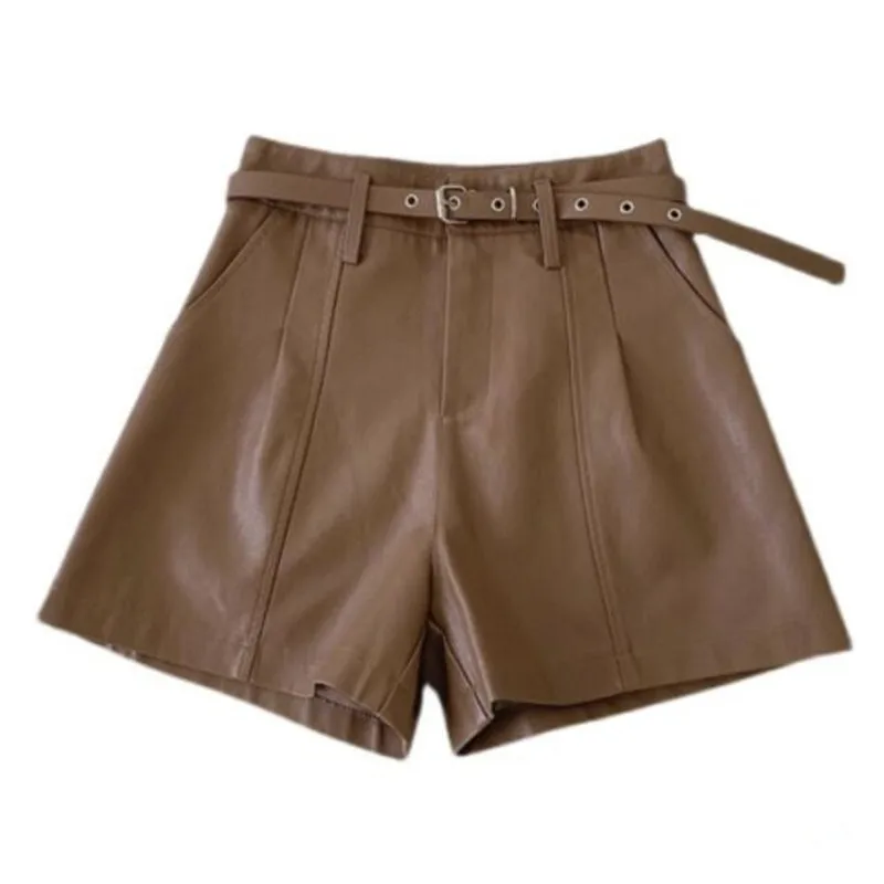 

New Arrival PU Shorts Women Elegant High Waisted Bottoms Korean 2021 Autumn Leather Wide Leg Shorts Female S421