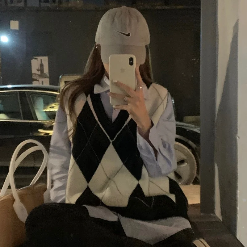 Женский вязаный кардиган в розовую клетку жилет с V-образным вырезом Осень-зима