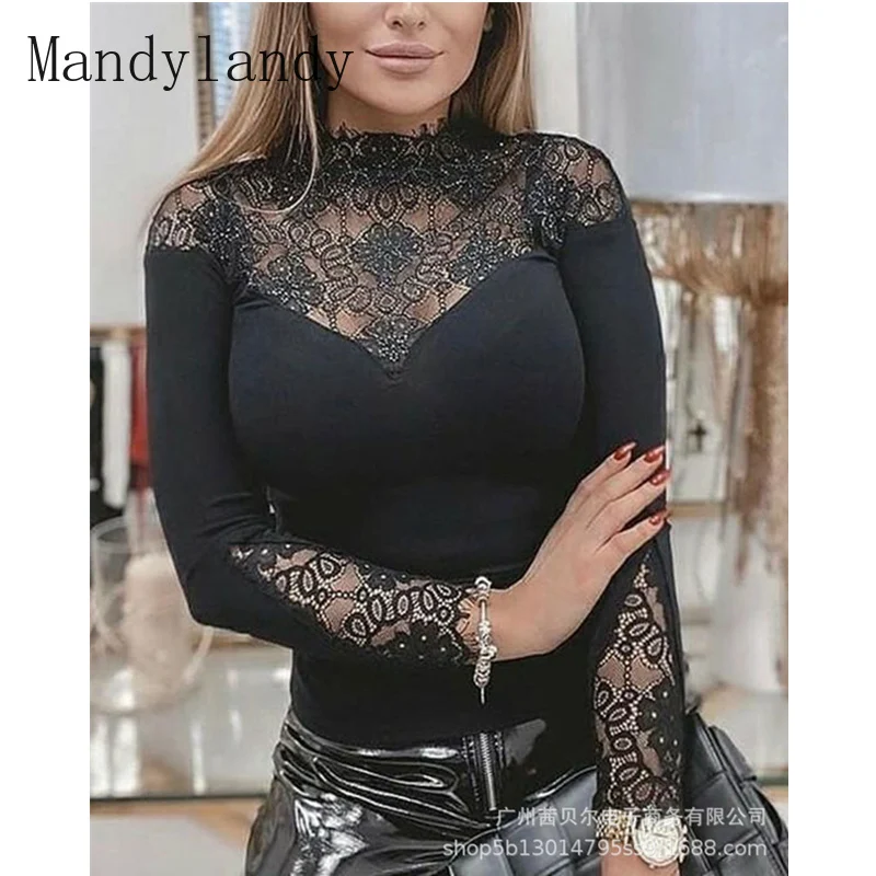 

Женская Сексуальная кружевная Лоскутная рубашка Mandylandy, топ, женская элегантная модная облегающая ажурная футболка с длинным рукавом и круг...