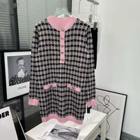 autumn and winter new womens wave dot circle color letter hook flower knitted dress pink sweet temperament h version