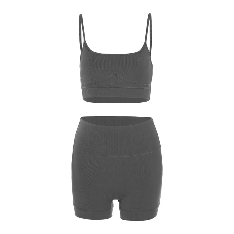 

CHRLEISURE Casual Sportswear Athleisure Two Piece Sets 2021 Solid Crop Top and Shorts Matching Set Women Summer Outfits