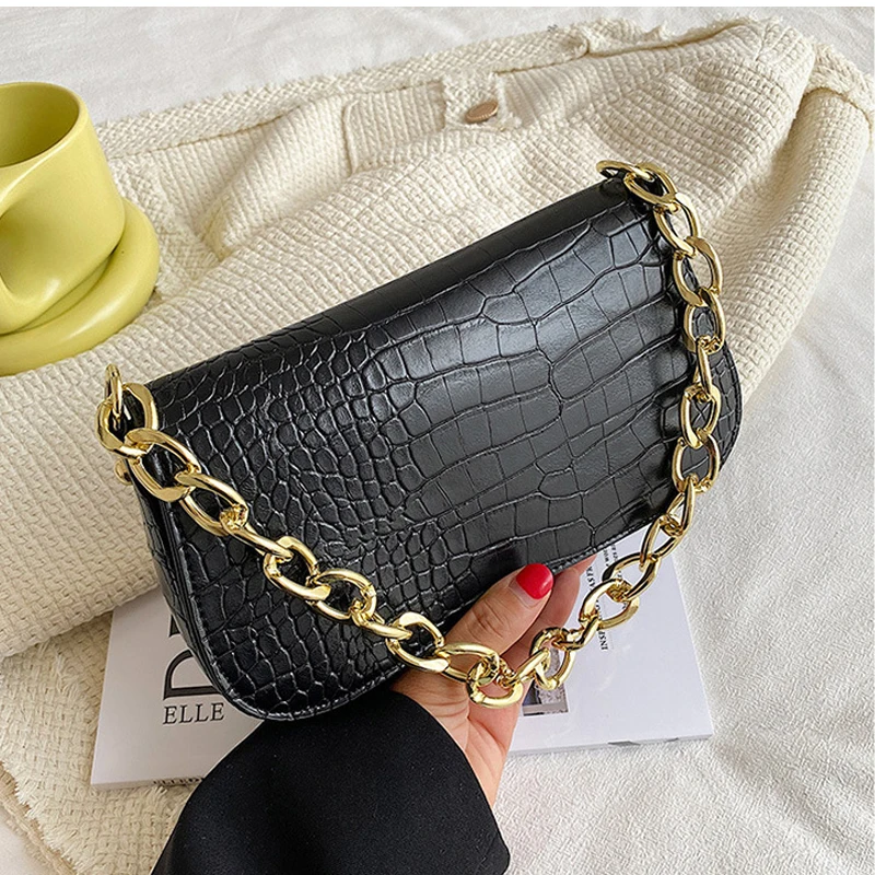 

Thick Chain Underarm Bag PU Leather Shoulder Bags for Women 2021 Summer Simple Handbags and Purses Female Brand Totes