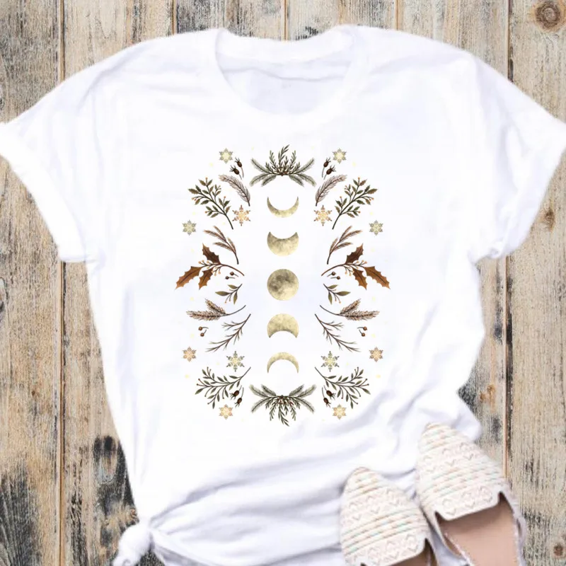 

2021 Funny Moon Print Graphic T Shirt Women White Shirts Fashion Round Neck Short Sleeve T-Shirt Summer Tees Casual Tops