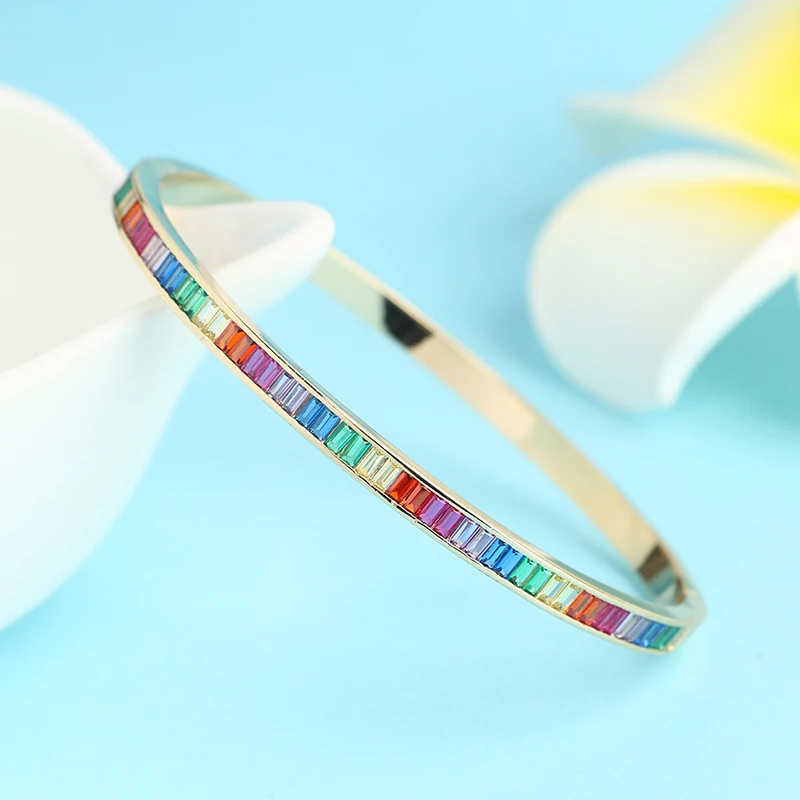CZ Теннисный браслет кольца для женщин золотой цвет радуга горный хрусталь