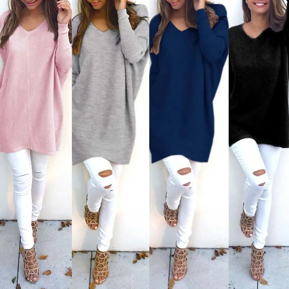 

Fashion Sweater Women V Neck Long Sleeve Tunic Pullover Sweaters Casual Loose Knitted Sweater Solid Color Women's Sweater