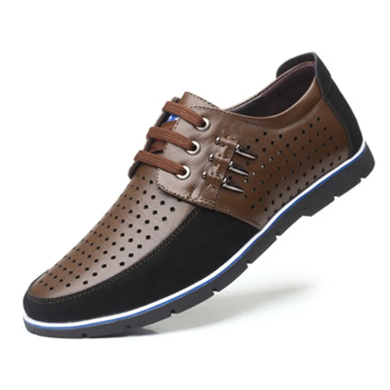 

2020 Fashion Men's PU Leather Lace-Up Casual Shoes Comfortable Men's Summer Sports Shoes Breathable Hollow out Soft flat Shoes