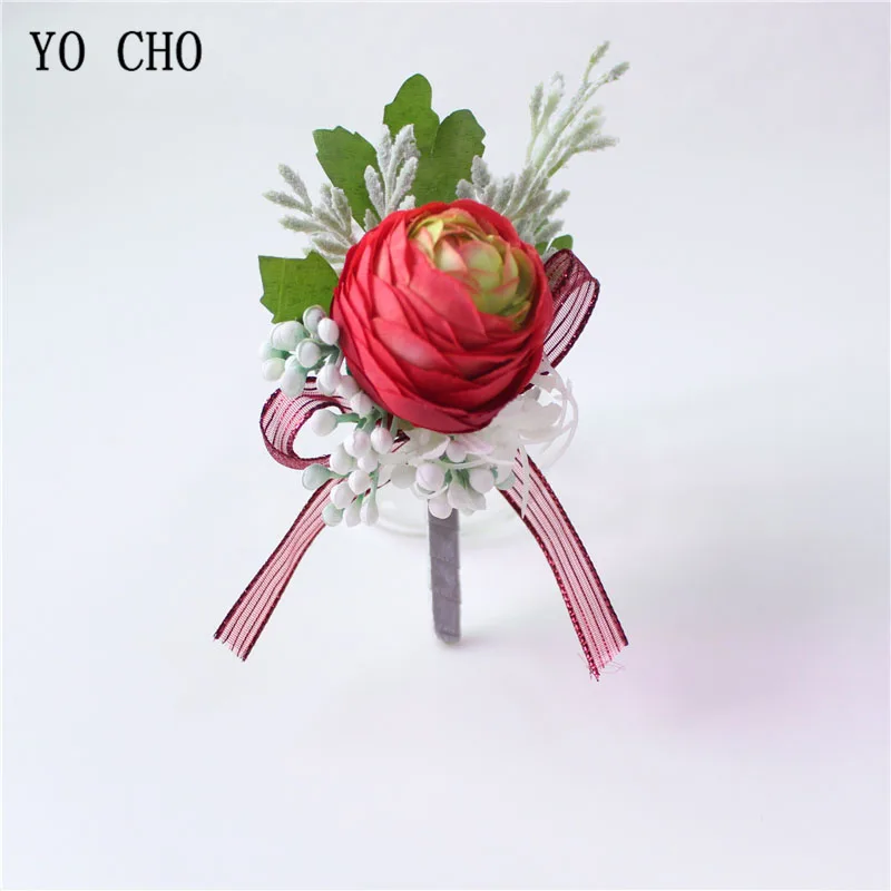 boutonniere-F YO CHO мужской корсаж Свадебный цветок на запястье шампанское бордовый шелковый цветок браслет Жених булавка для бутоньерки DIY Свадебные аксессуары - Цвет: boutonniere-F