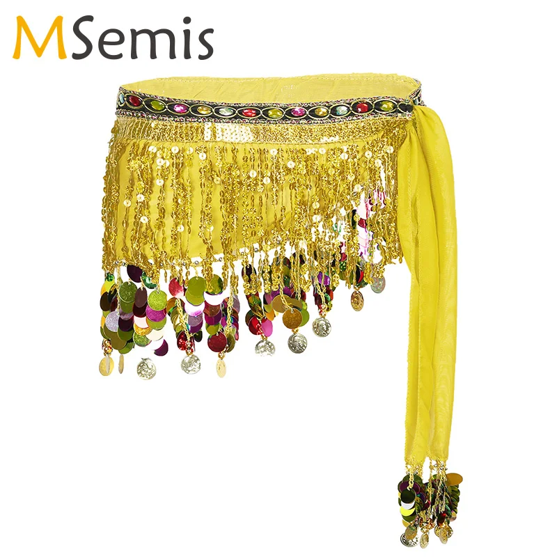 

Women Girls Stage Performance India Belly Dance Costume Female Shiny Sequins Tassel Waist Chain Lace-Up Hip Scarf Wrap Skirts