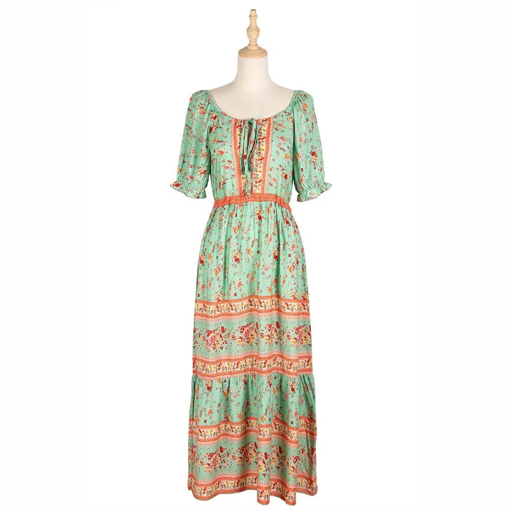 

Summer Women Floral Print Bohemian Maxi Dresses Ladies O neck Rayon Cotton Short Sleeve Boho Dress Ruffles Lace up Vestidos Hot