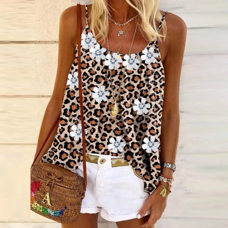

New Casual Beach Ladies Sling Shirt Sexy Sleeveless Off Shoulder Loose Tops Fashion Flower Leopard Printed Summer Women Blouse
