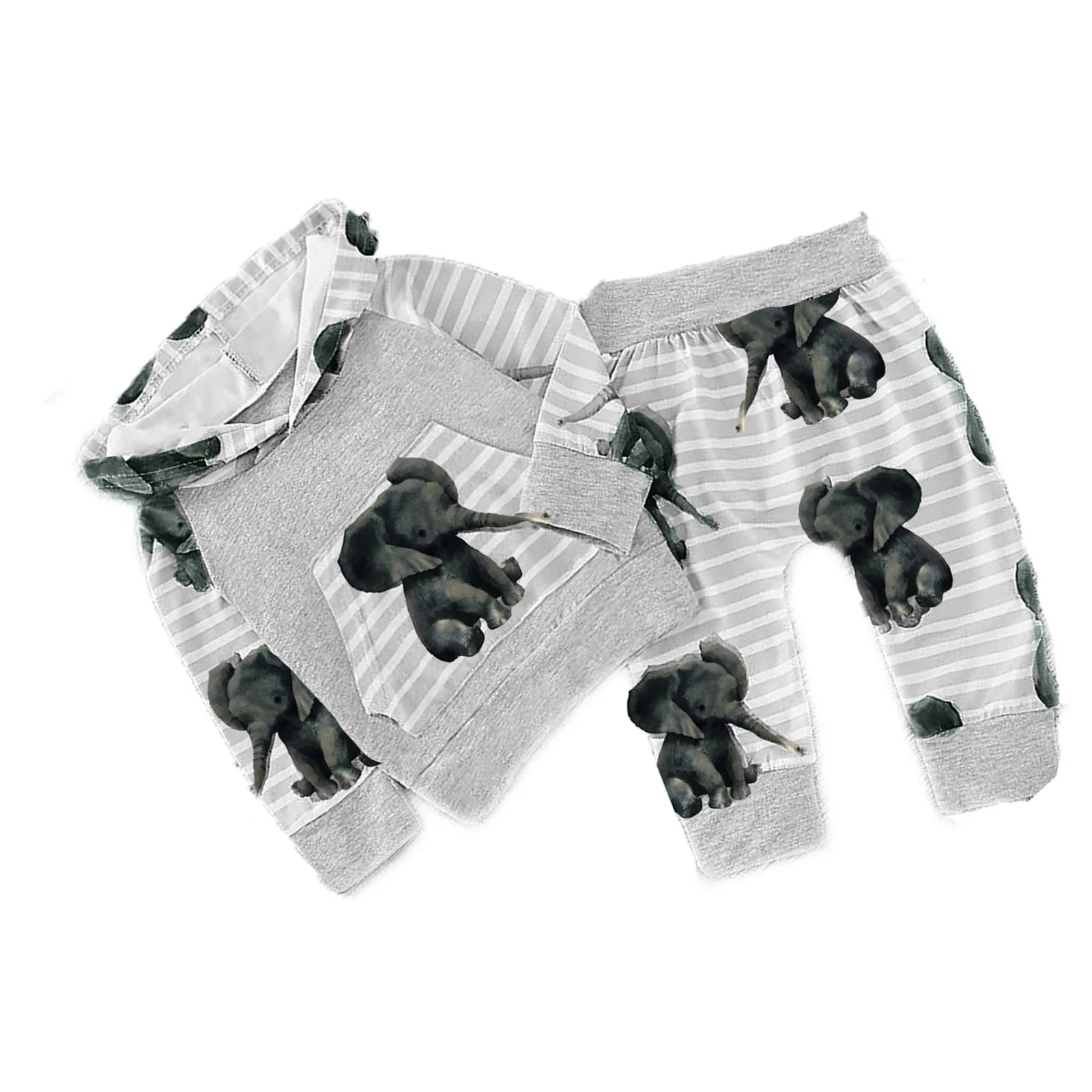 Puseky Winter 2pcs Kids Baby Elephant Print Long Sleeve Hooded Sweatshirt Tops With Pants Trousers Set 0-18M Newborn Tracksuits |