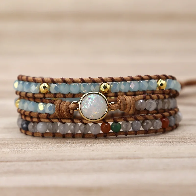 

Top Quality Women Bracelets Natural Opal Stone Rhinestone 3 Rows Leather Wrap Bracelet Fancy Femme Boho Bracelets Dropship