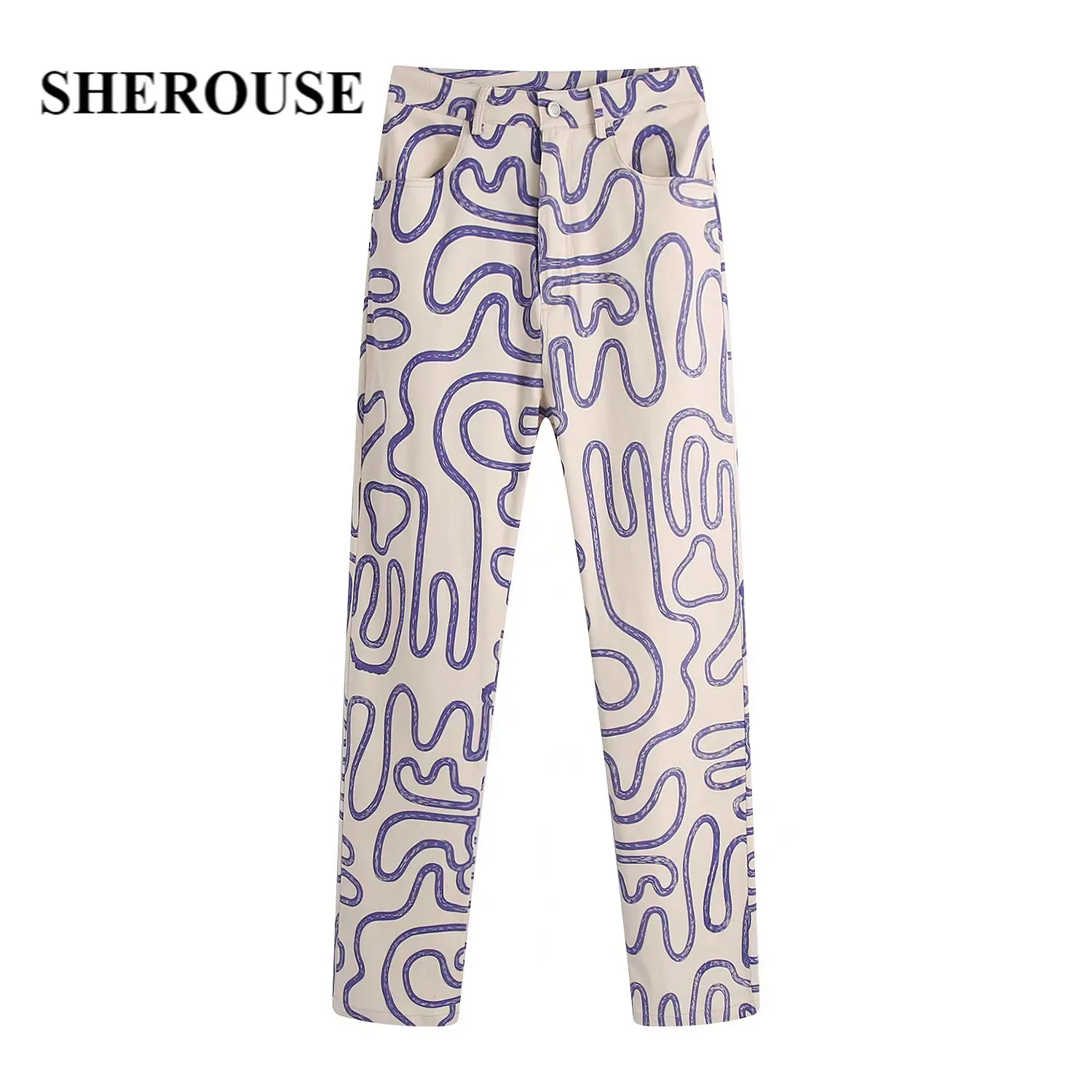 

Женские брюки с принтом SHEROUSE, модные прямые брюки с высокой талией и молнией спереди, повседневные женские брюки Y2K, pantalon pour femme