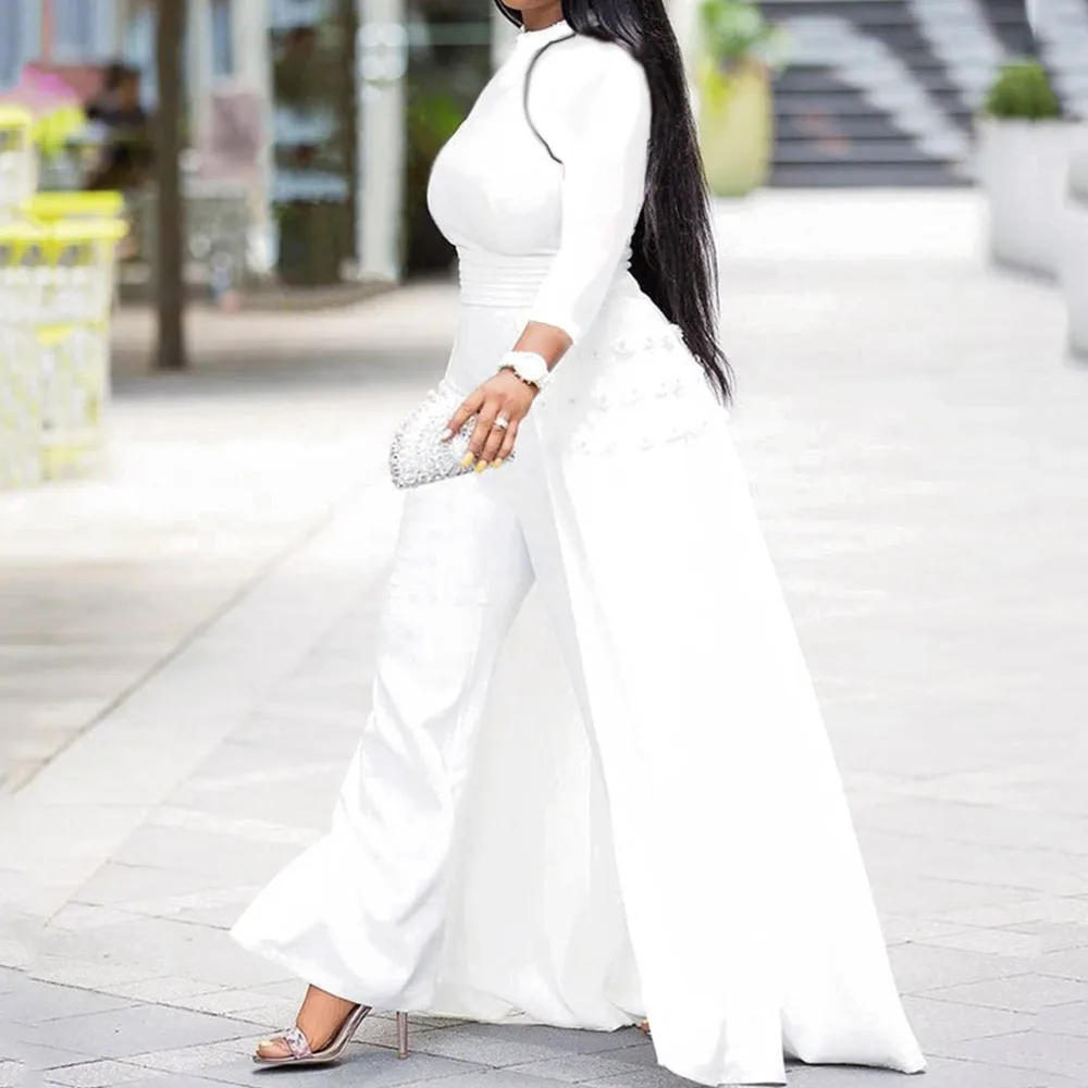 Женский белый длинный комбинезон осень 2019 с длинным рукавом высокой талией