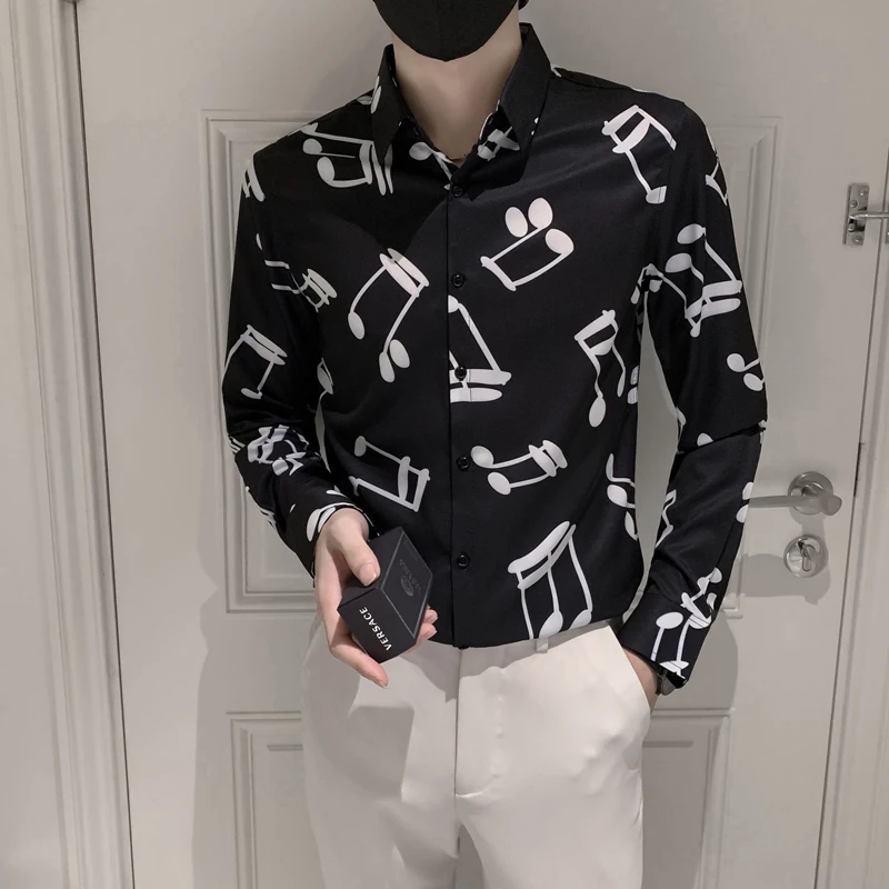 2021 New Men's Note Printed Shirts Autumn Long-sleeved Slim Musical Casual Shirt Fashion Streetwear Social Party Male Clothing