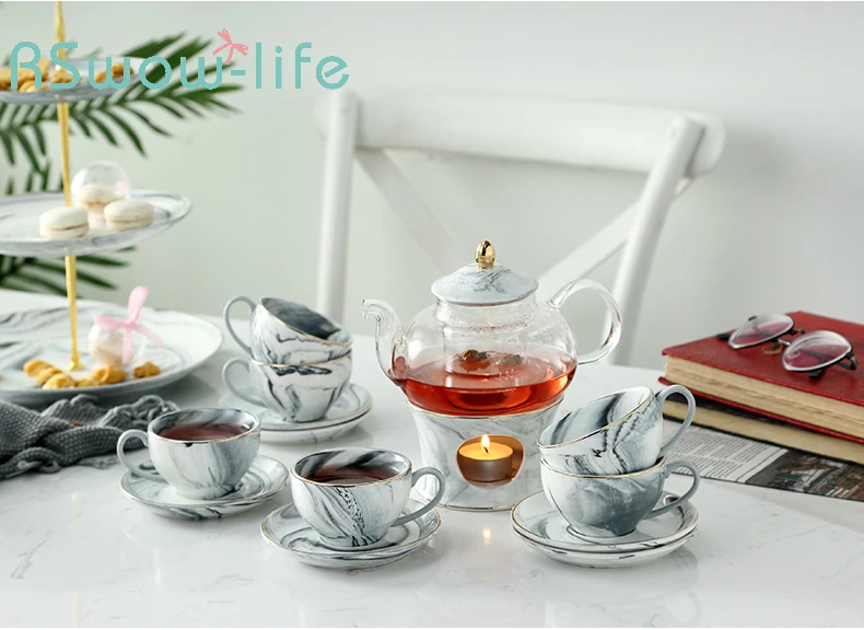 

14PCS European style simple and light luxury gold rim marble pattern ceramic tea set set afternoon tea teapot cup saucer gift