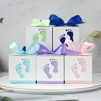 1050100pcs baby footprints candy box sweet container favor and gifts boxes with ribbon baptism baby shower for birthday party