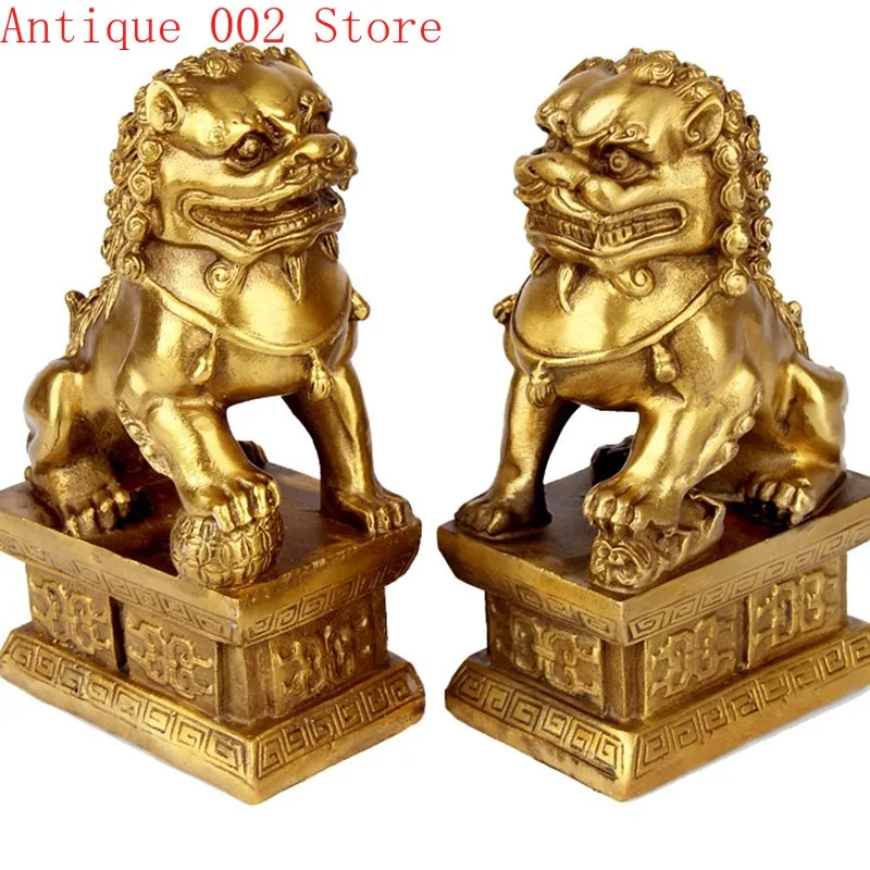 

Chinese brass copper statue Foo Dogs Lions pair female lion on the talisman evil sculpture