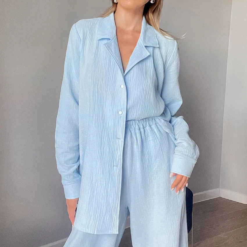 

Свободная Женская одежда для сна Restve, комплект из 2 предметов, хлопковый топ с отложным воротником и длинным рукавом, Женский Повседневный д...