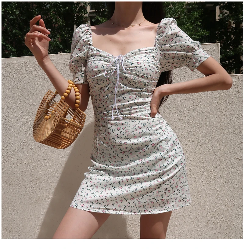 

New Summer Dress Retro Boho Women Tie Neck Floral Print Floral Mini Sexy White Dress Elegant Puff Sleeve Dresses Korean Vestidos