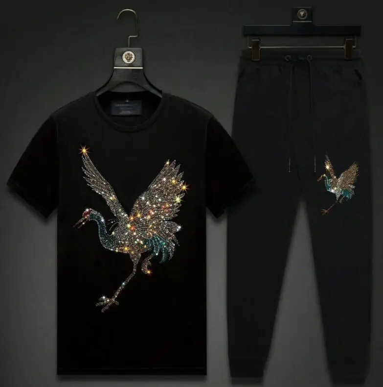 

Hot drilling Mens Sportswear Sets Men's Casual Tracksuit Men 2 Piece Set 100% cotton Sportswear Rhinestones design