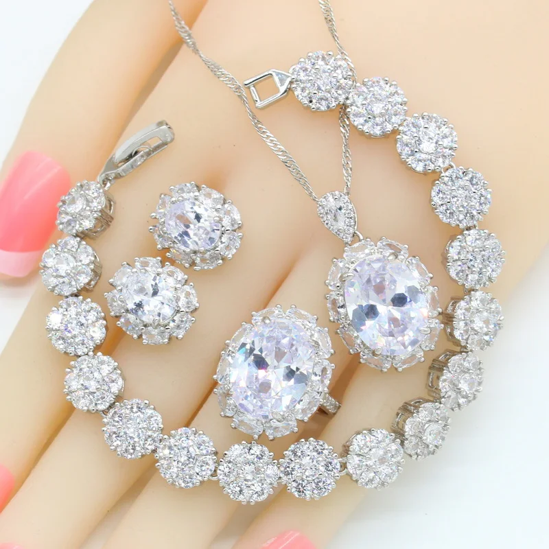 

White Zircon 925 Silver Jewelry Sets For Women Bracelet Necklace Pendant Stud Earrings Open Ring Birthday Gift