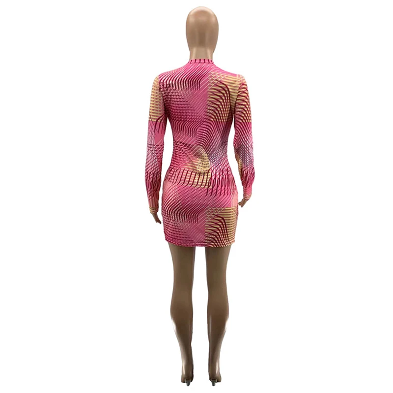 

O-Neck Geometric Striped Pattern Print Long Sleeves Bodycon Mini Dress New Arrival Spring Sexy Style Outfits