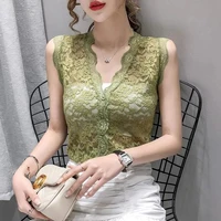 street women lace bottoming top sexy see through vest sling tops sleeveless femme through top female 2021 summer v neck green