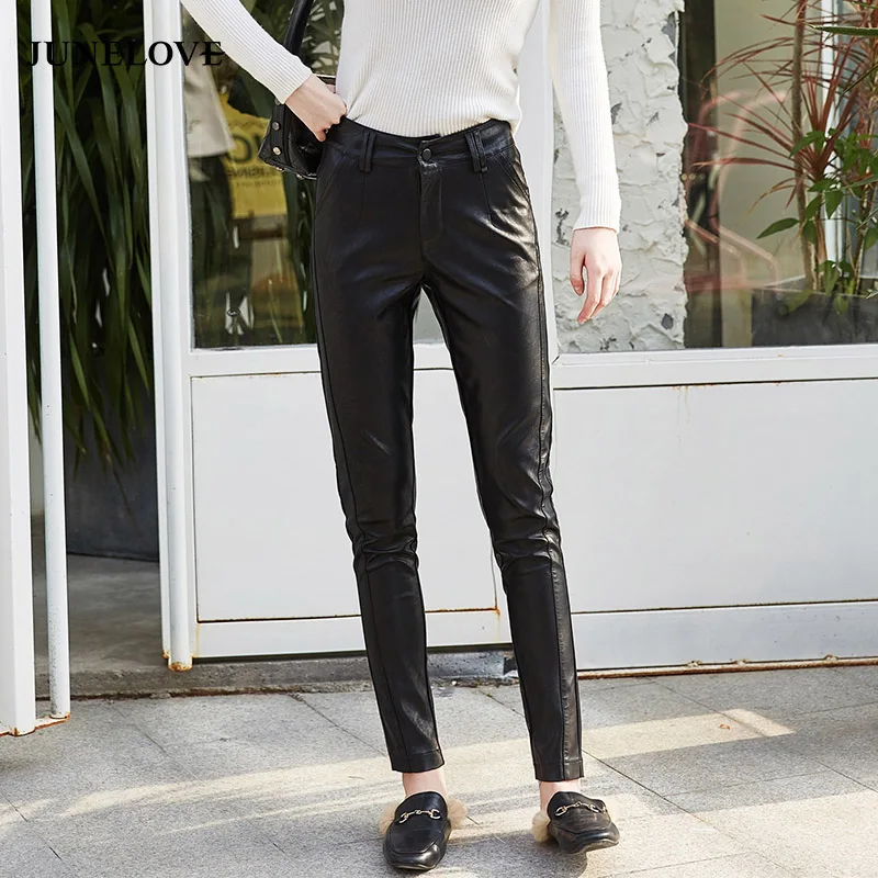 JuneLove/женские зимние длинные штаны из искусственной кожи винтажные обтягивающие