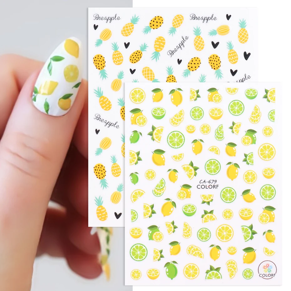 

3D Fruit Leaf Flower Nail Sticker Summer Fruit Juice Lemon Strawberry Peach Pineapple Cherry Watermelon Cake Decal SACA675-681