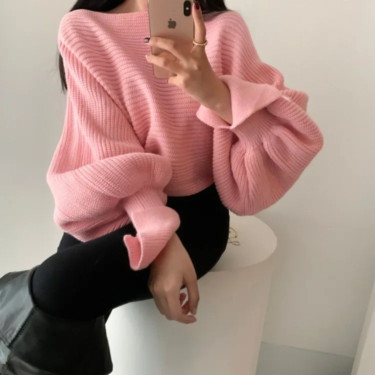 

Women New Winter Loose Warm Patchwork Short Sweaters Casual O-neck Knitted Female Tops Autumn Lantern Sleeve Fashion Jumpers