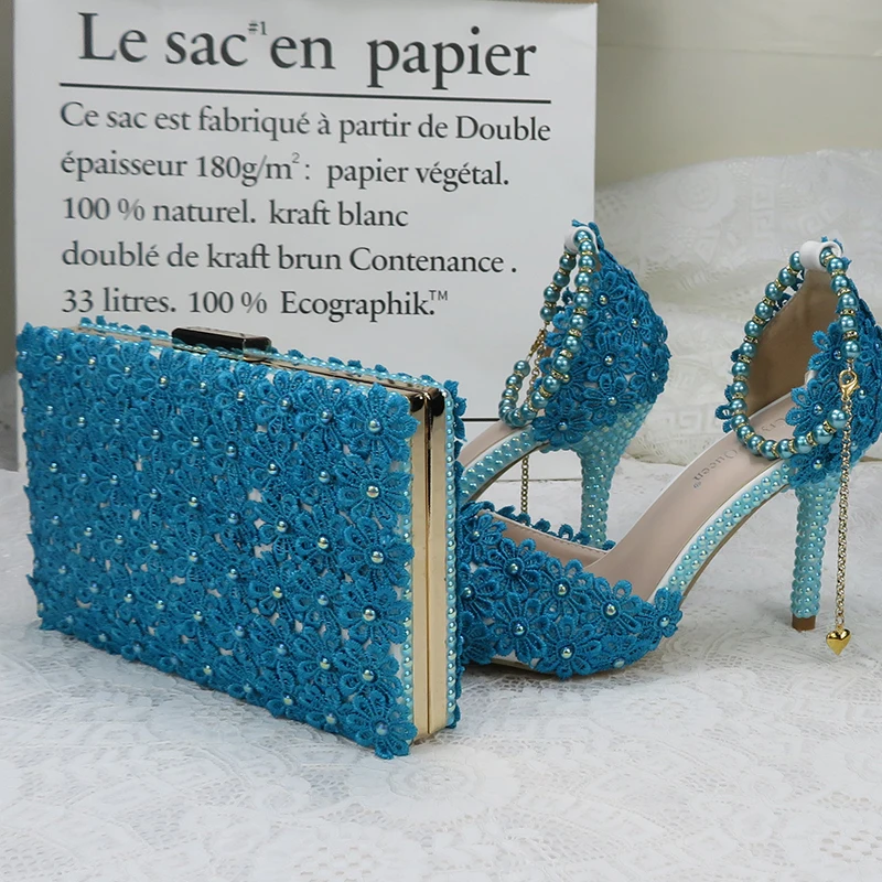 

Lace-Up Flower Wedding Shoes With Matching Bags High Heels Pointed Toe Ankle Strap Ladies Party shoe and bag set Pearl Shoe