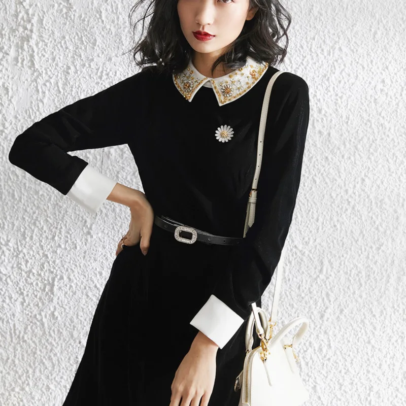 Новый Вырез Стразы вельветовое платье для женщин s Тонкий Длинные рукава