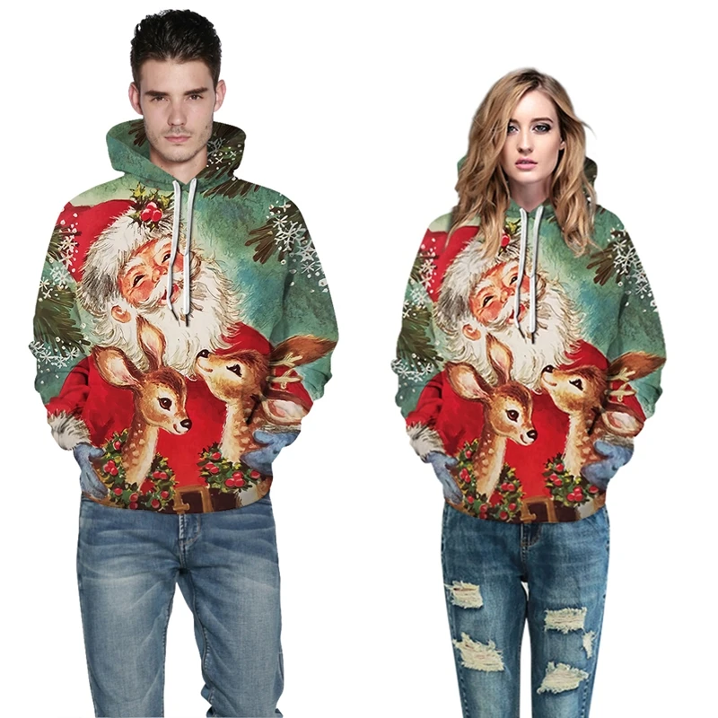 

Lyprerazy New Christmas Party 3D Hoodies Hooded Long Sleeve Funny Santa Claus Print Pullover Streetwear