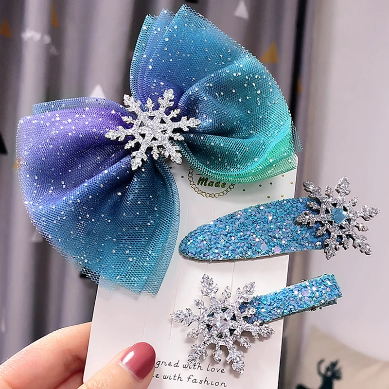 Детские Мультяшные волосы аксессуары синий бант блесток шпилька Снежинка