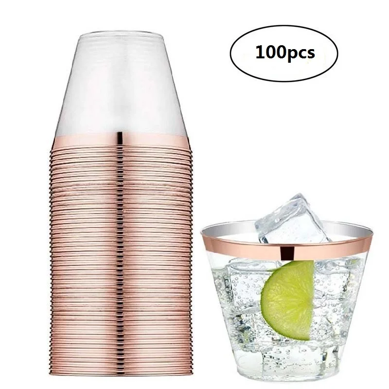 100 шт. серебряная оправа Пластик чашки 9Oz 250ml прозрачные одноразовые стаканы