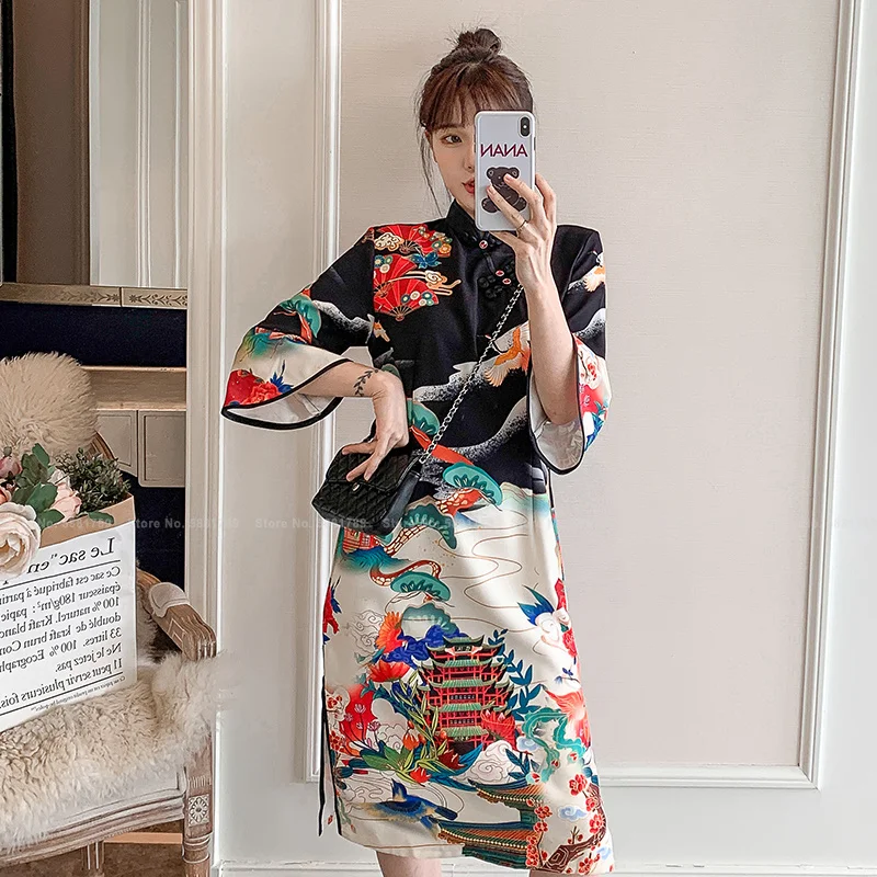 

Women Japanese Harajuku Style Print Qipao Traditional Chinese Cheongsam Lady Retro Qi Pao Club Sexy Party Gothic Vintage Dress
