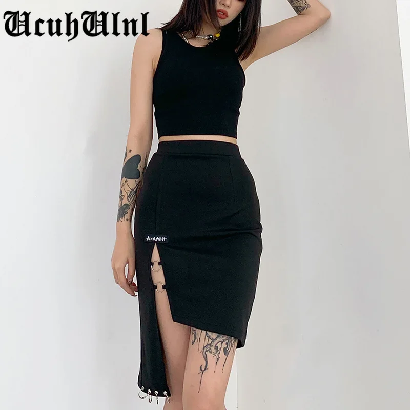 

Punk Grunge Metal Ring Black Skirt Goth Sexy Slit High Waist Skirts Harajuku Sexy Hollow Out Asymmetrical Women Skirts