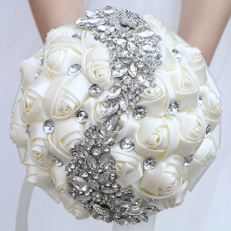 

Wedding Bouquets Crystal Satin Holding Artificial Flowers Ribbon Wedding Bridal Bridesmaid Diamond Bouquet Flores De Boda W445