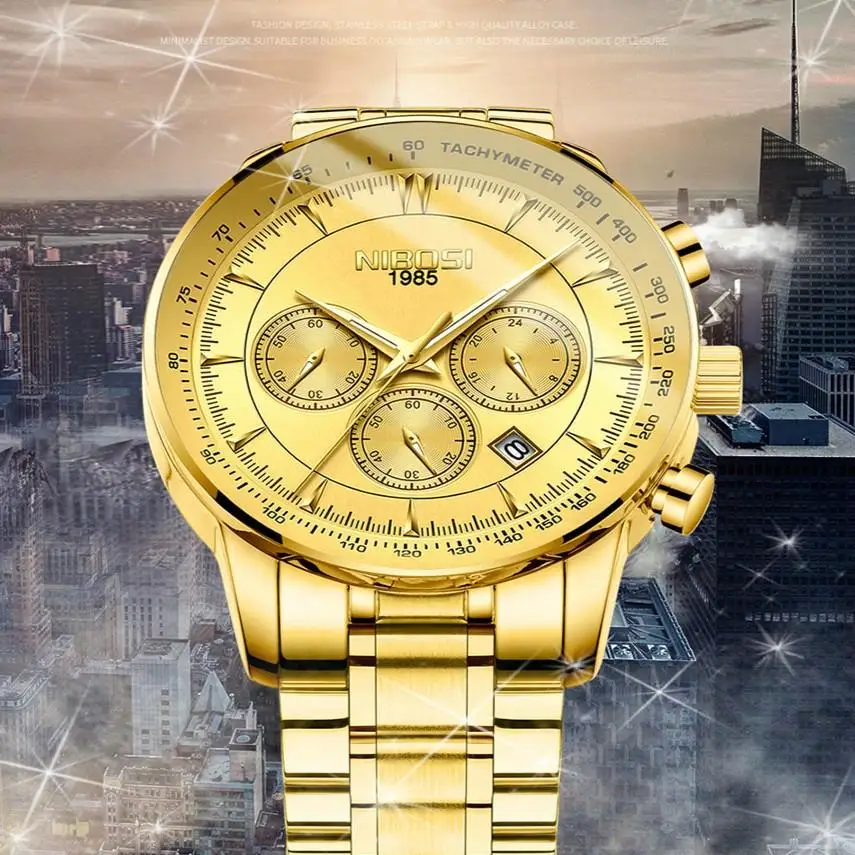 

Часы наручные NIBOSI Мужские кварцевые, брендовые Роскошные деловые водонепроницаемые спортивные с хронографом, золотистые