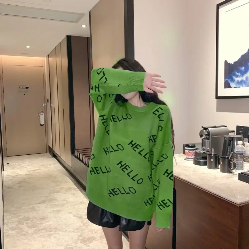 Gaganight Хелло Свободный Повседневный женский свитер с длинными рукавами и круглым